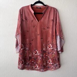 Valolia Women's 3/4 Sleeve Floral Print Orange Blouse Size L‎